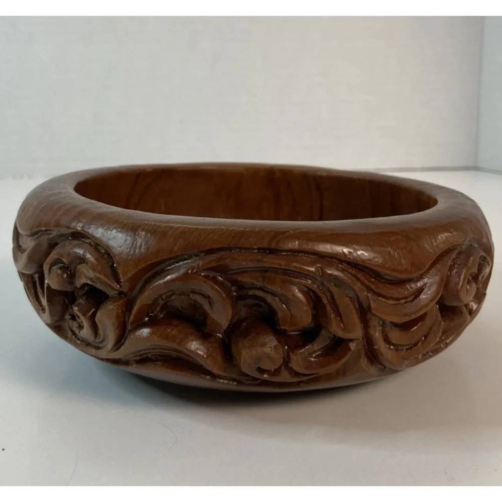 Vintage Decorative Teak Wood Carved Bowl Catch All Key Jewelry Trinket Dish
